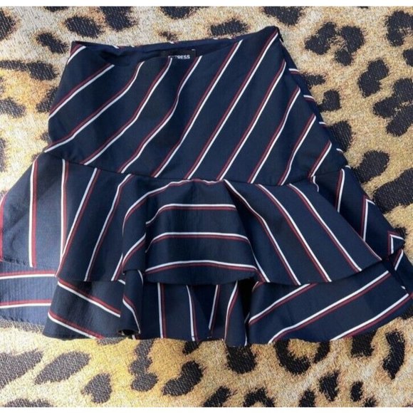 EXPRESS Tiered Asymmetrical Ruffle Navy Blue Red White Striped Skirt (Size 8) - Picture 3 of 6